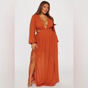 Deep V Orange Maxi Dress with Long Sleeves